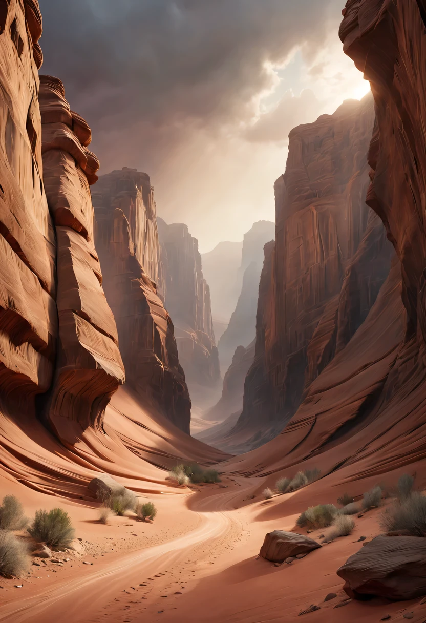 (canyon du désert:1.5)，Canyon étroit au milieu du désert,tempête de sable，tornade，广阔的canyon du désert,paysage dramatique,formation de grès rouge,immense falaise rocheuse,paysage magnifique,ravin profond et étroit, in the style of paysages photo réalistes, pierre sculptures, noyau de cabine, pierre, in the style of paysages photo réalistes, noyau de cabine, vague déferlante,fond décoratif, paysages photo réalistes, grand format de toile, 32k Ultra HD, photo, Les meilleures qualités des paysages imaginatifs,4k,8k,haute résolution,chef-d&#39;œuvre:1.2),Super détaillé,(réel,De façon réaliste,De façon réaliste:1.37),