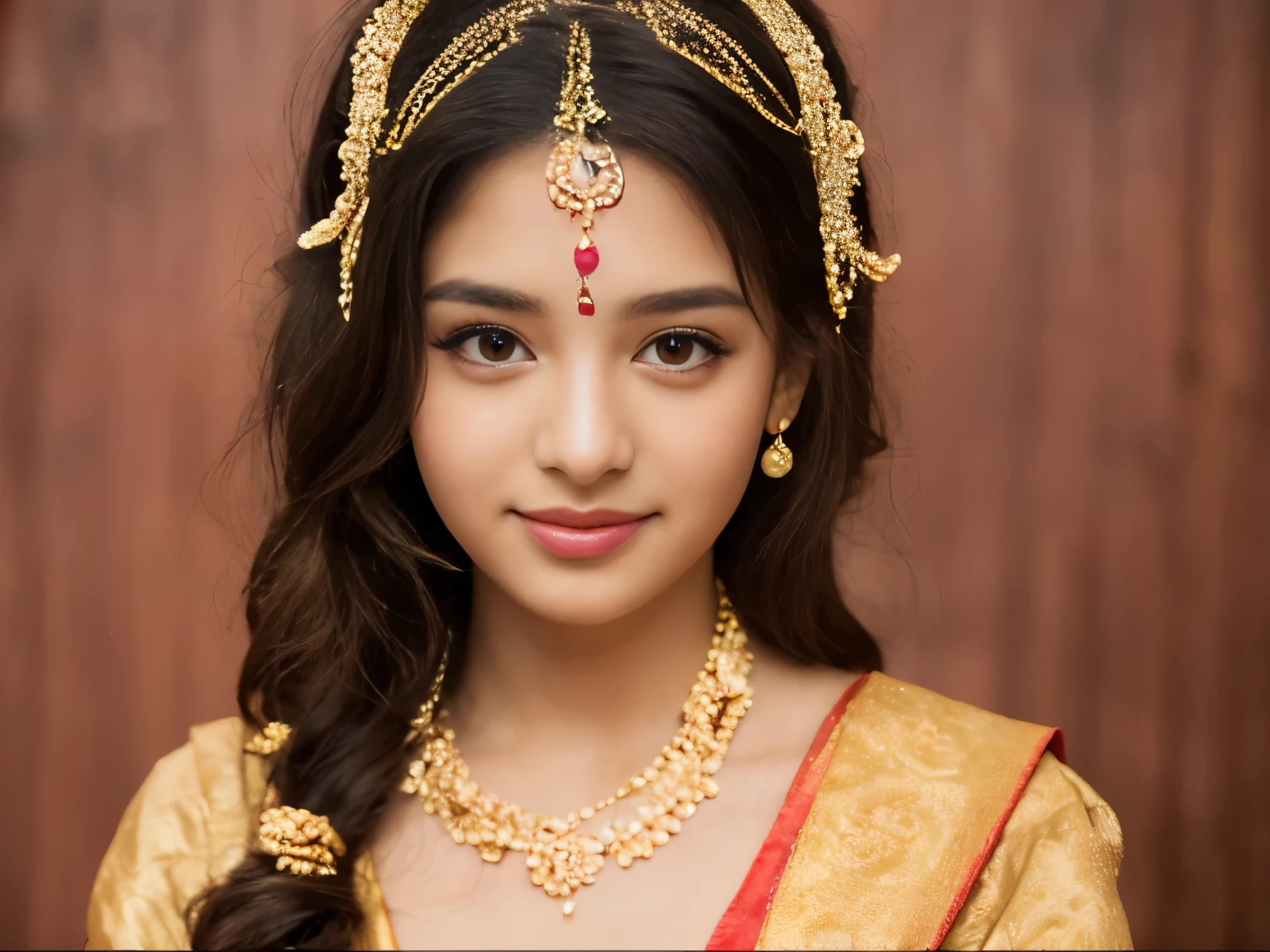 A close up of a woman wearing a gold headpiece and a red necklace - SeaArt  AI