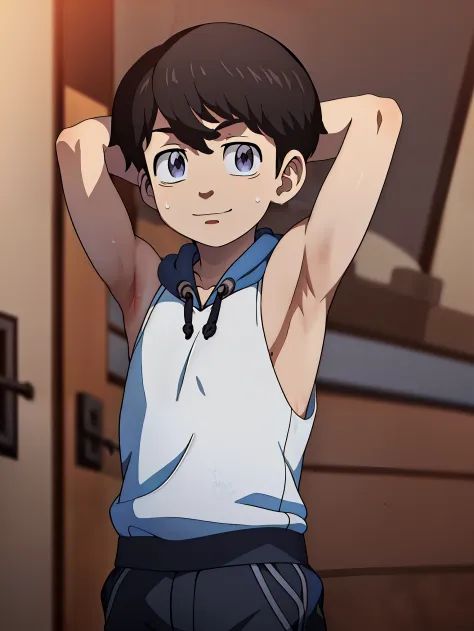 Highres, Masterpiece, Best quality at best,Best Quality, Ultra hight quality, hight detailed, 1boy, Naoto Tachibana, (showing armpit:1.4), 12-yaear-old boy, Little boy, Shy, Sweat, Sleeveless hoodie, masterpiece，hight setail, best quality, UHD