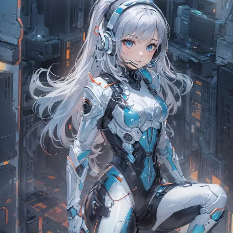(masterpiece、highest quality、highest resolution、clear_image、Detailed details、Angle from above): (full body figure、one 18 year old girl、Japan faces、small face、high knotted ponytail、(hidden small:1.3)、dark blue hair girl、sparkling blue eyes、pilot suit in whi...