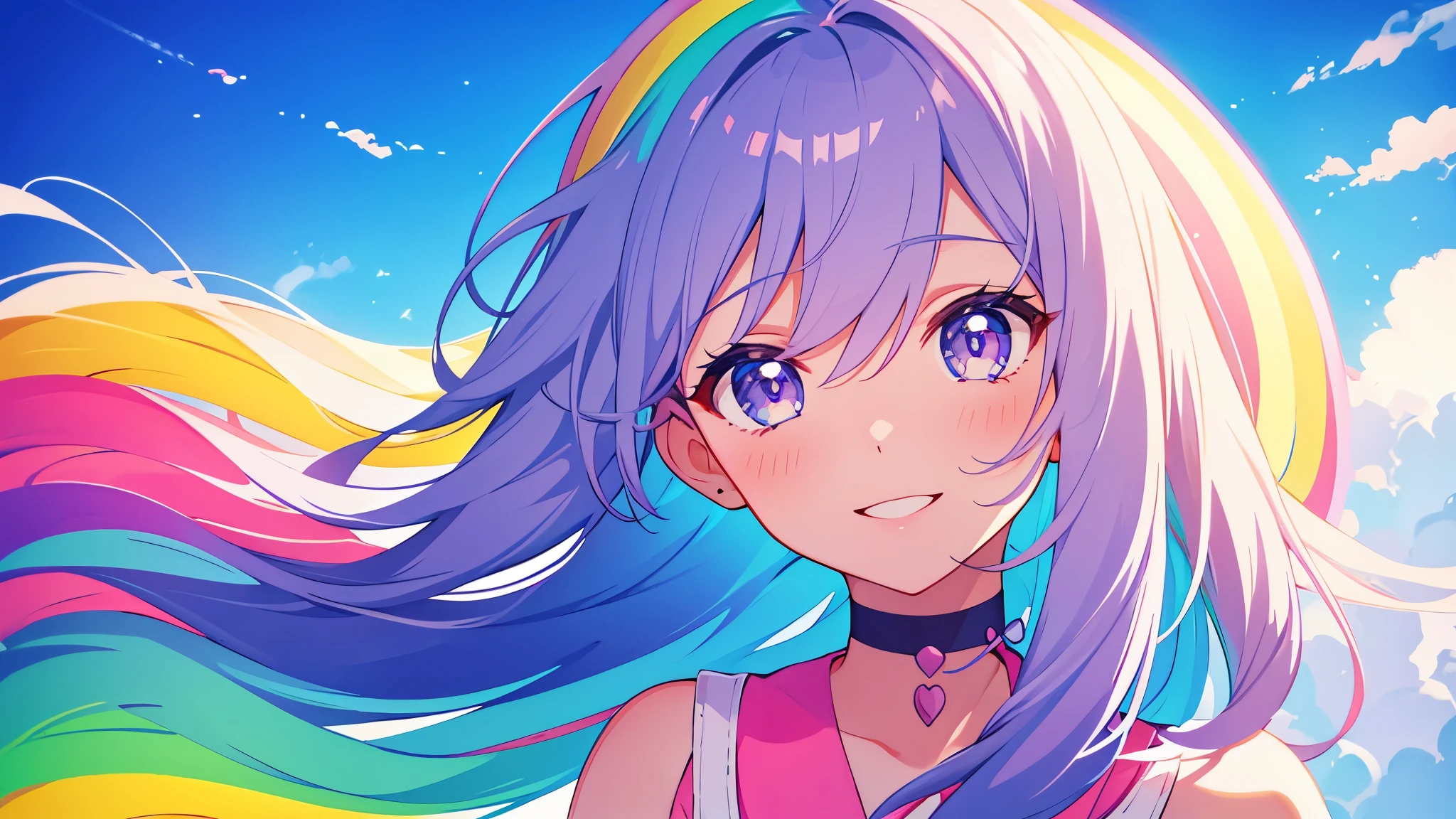 Beautiful  girl character looking  at the rainbow, pop color world, animation, fine, smiley face , white background, 