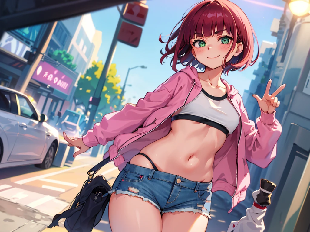 volumetric lighting, best shadows, shallow depth of field, portrait of a stunning boy, small, delicate, attractive face, seductive green eyes, happy smile, closed mouth, lovely small breasts, (short red hair), freckles, thick eyelashes, open pink pop jacket, white underboob mini t-shirt, open navel, thin waist, jean shorts, walking on the street, (high quality, amazing details: 1.25), brightly colored paintings,  open shorts, showing panties, open button, open zipper, hand v, sign v, torn clothes, clothes, prostitution clothes, slutty, nimphomaniac, heart pupils, being judged by people, showing a picture of her ass in her cellphone, showing picture in cellphone to watcher