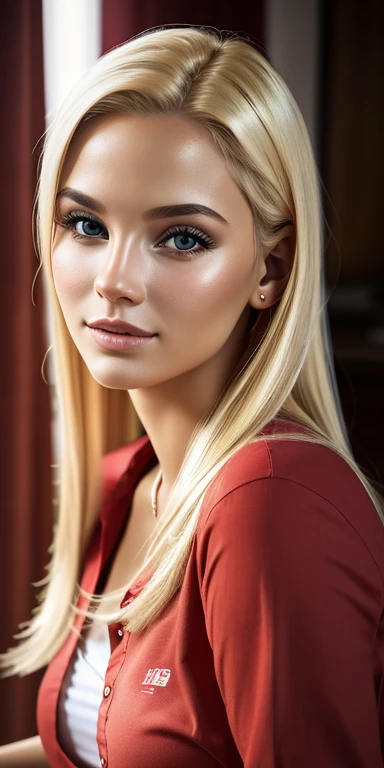 foto cruda, retrato de una hermosa mujer rubia con una camisa roja (piel muy detallada:1.2), 8k hd, DSLR, iluminación suave, alta calidad, grano de la película, Fujifilm XT3  