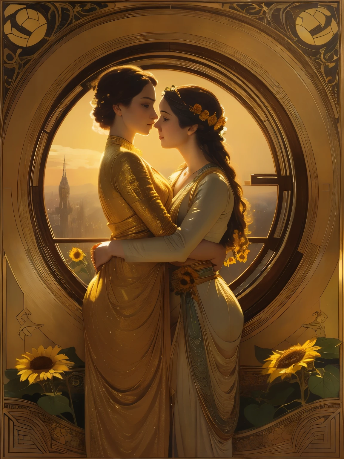 peinture d&#39;une femme tenant un bouquet de tournesols devant un fond doré, hyperrealistic art nouveau, chie yoshii, Andreï Remnev, par Yamagata Hiro, Mucha Klimt et Tom Bagshaw, Inspiré par J.. C. leyendecker, Inspiré par J..C. leyendecker, Inspiré par J.ames C. Christensen