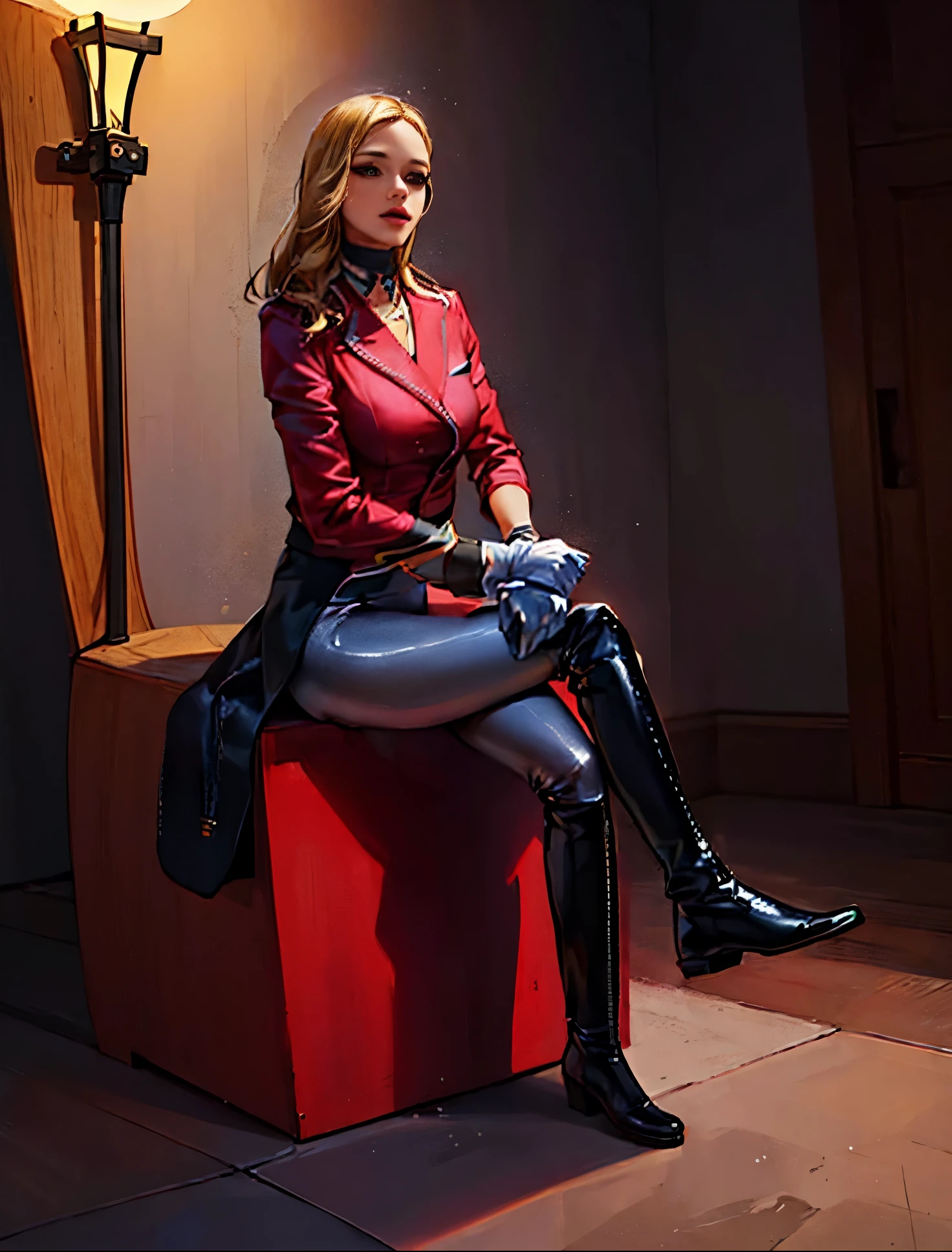 (highest resolution, distinct_image) best quality, a woman, solo, masterpiece, highly detailed, semi realistic, blonde hair, bangs, 18 years old, mature, young, tall strong, uniform, military uniform( large indoor background), cold, serious, tall, handsome, autocratic, powerful, exquisite facial features, exquisite facial features, (full body)(black knee-high boots:1.4)(dominatrix:0.3)(white Yoga pants:1.3),(gloves:1.5)(long sleeves),(active sportswear shirt),(princess Zelda),solo,1girl,(looking at viewer:0.2),(from below:0.7)(head turned upwards:0.3)(smiling:0.4)(bodysuit:0.3)(holding riding crop:1.2)(other hand empty)(muscular:0.5)(shirt tucket in pants)((sitting on throne))