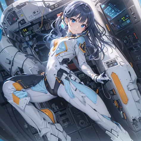 (masterpiece、highest quality、highest resolution、clear_image、Detailed details、Angle from above): (full body figure、One 18 year old girl、Japanese face、small face、high knot ponytail、(hidden small:1.3)、dark blue hair girl、shining blue eyes、white pilot suit, bl...