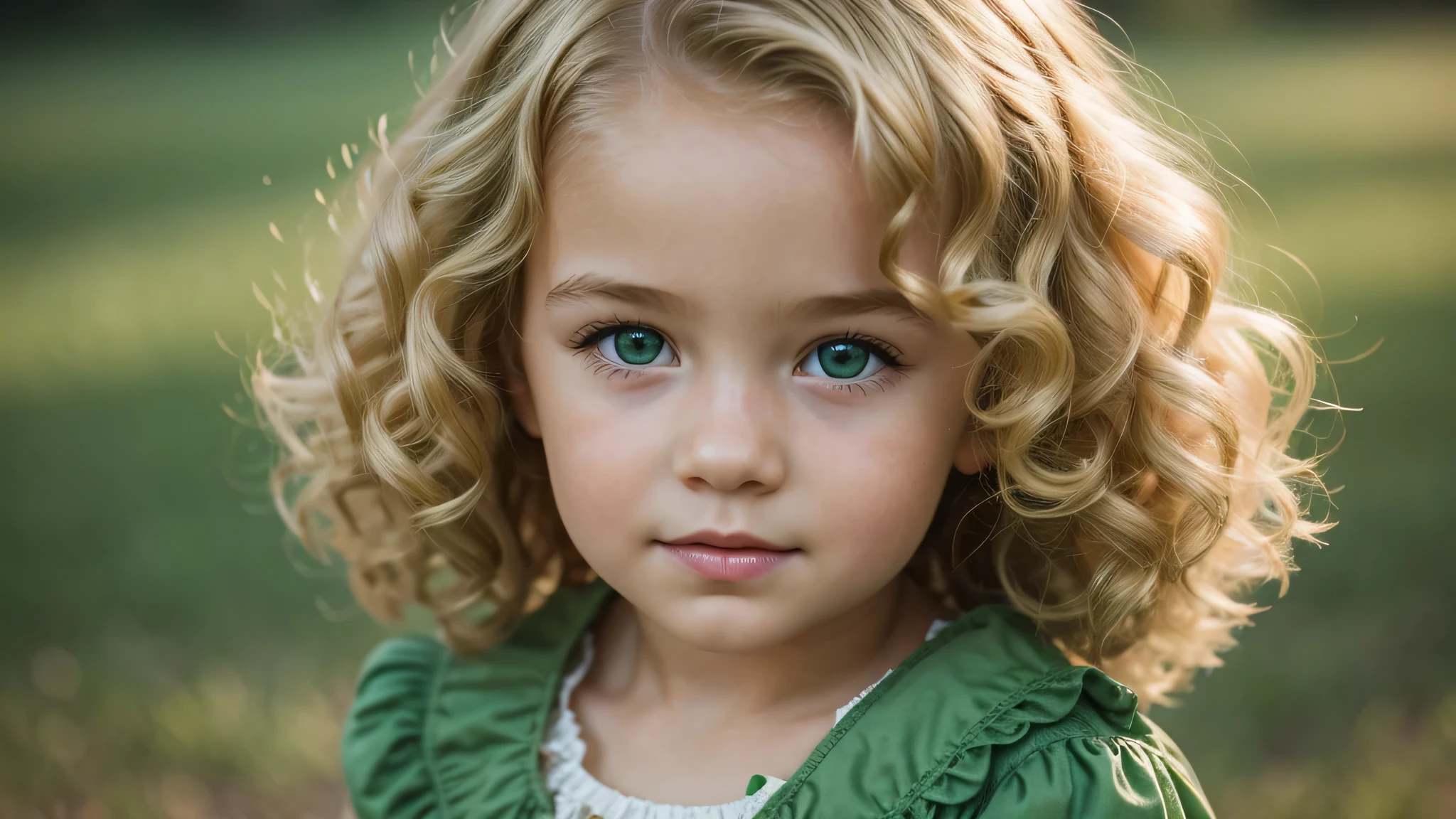 girl child blonde curly hair vintage, background green, ultra realistic, 8k