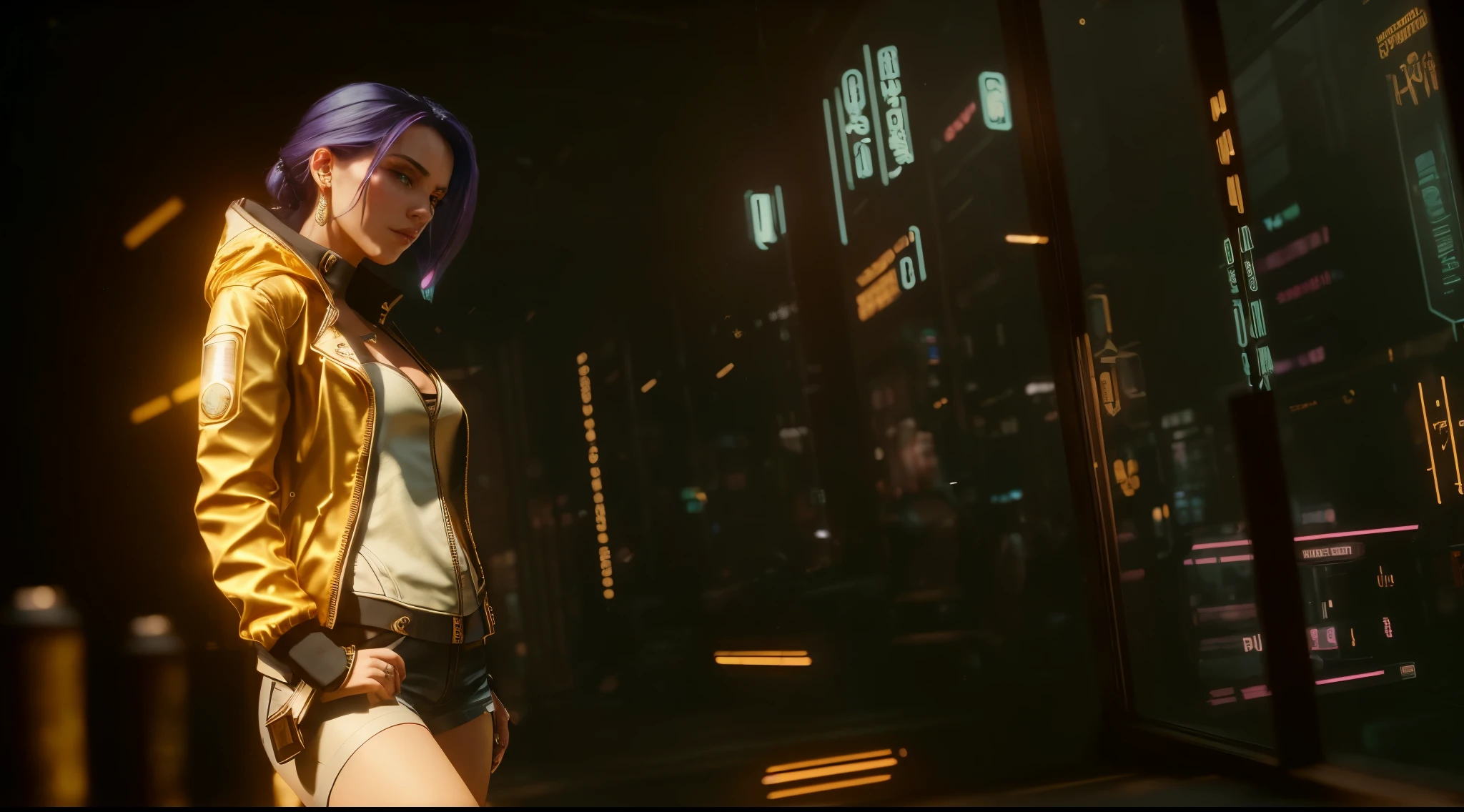 there is a woman in a gold jacket standing in front of a window, beautiful and cinematic lighting, unreal engine. retro film still, gorgeous cinematic lighting, ray tracing on, style of cyberpunk 2 0 7 7, cyberpunk art ultrarealistic 8k, detailed cinematic shot, hyper-realistic cyberpunk style, shot from cinematic, ray tracing on epic settings