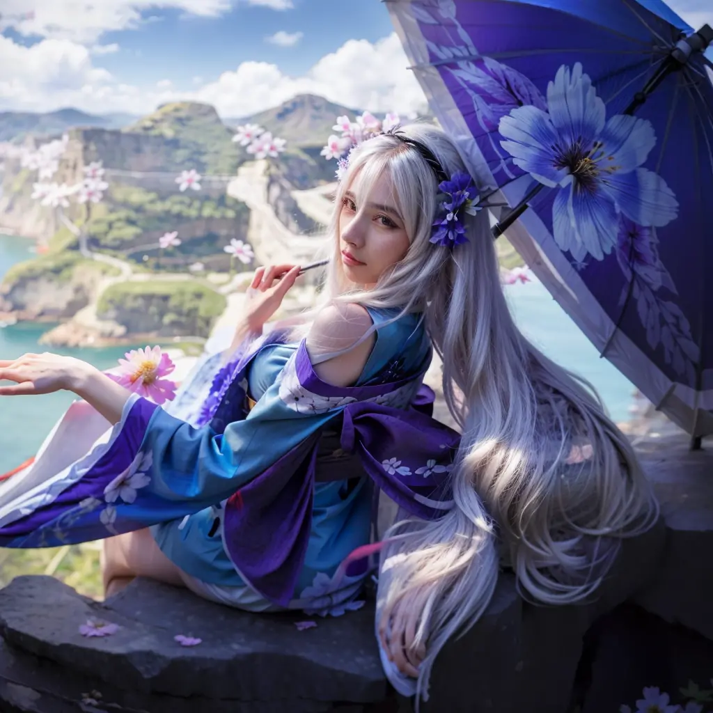 1girl with long white hair sitting on a cliff with an umbrella, wearing blue kimono with flower patterns, shot from behind, dslr...