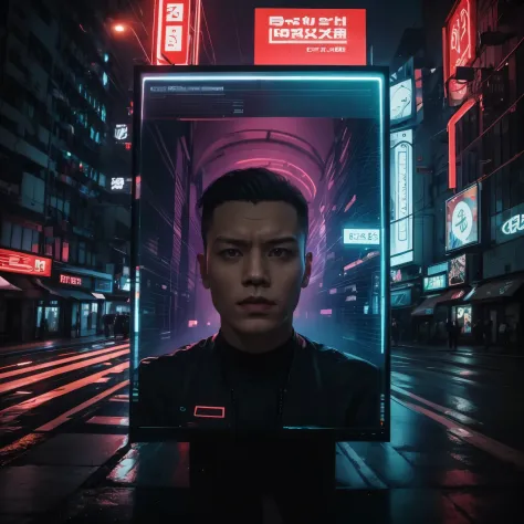 Cyberpunk, A young guy ,transparent LED screens all over the city at night