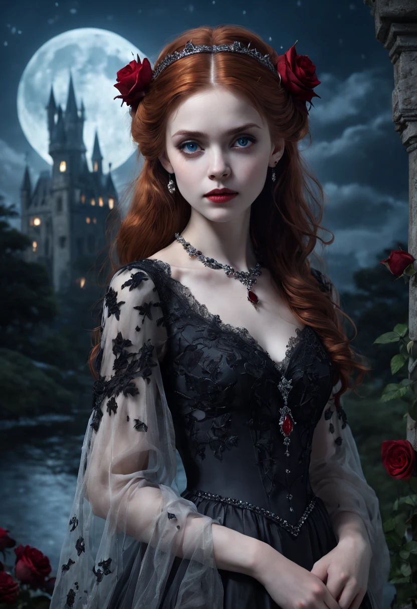 very young Vampire Princess,16 years old, breathtakingly beautiful, deep blue eyes, redhair,(best quality,4k,8k,highres,masterpiece:1.2),ultra-detailed,(realistic,photorealistic,photo-realistic:1.37, raw quality),softly glowing pale skin,pure blooded,porcelain-like complexion,elegant and refined features,graceful posture,dark and mysterious atmosphere,gothic fashion,flowing black lace dress,touch of red in her clothes,dainty silver jewelry with ruby accents,subtle yet captivating smile,slightly pointed canines,translucent wings resembling bat wings,subtle shimmering effect on her wings,gardens filled with blooming blood roses,vivid red petals contrasted with the darkness,enchanting moonlit night,dark and hauntingly beautiful castle in the background,splashes of moonlight illuminating her ethereal beauty,dark shadows and dramatic lighting,icy stare that freezes the hearts of those who dare to meet her gaze,air of authority and power,symbol of both danger and allure,night sky filled with swirling mist and sparkling stars,subtle color palette with shades of deep blue,purple,and black,subdued lighting with soft moonlight casting an ethereal glow,vibrant yet elegant style,with a touch of darkness and mystery,portraits,fantasy,horror.