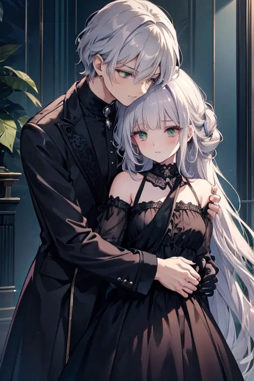 a silver haired woman with green eyes is wearing a gothic dress is hugging a black haired woman with brown eyes