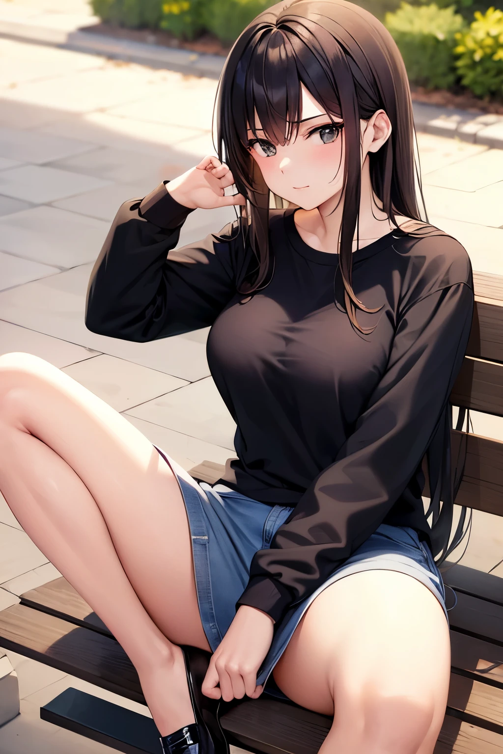 Anime girl sitting on a bench with her legs crossed - SeaArt AI