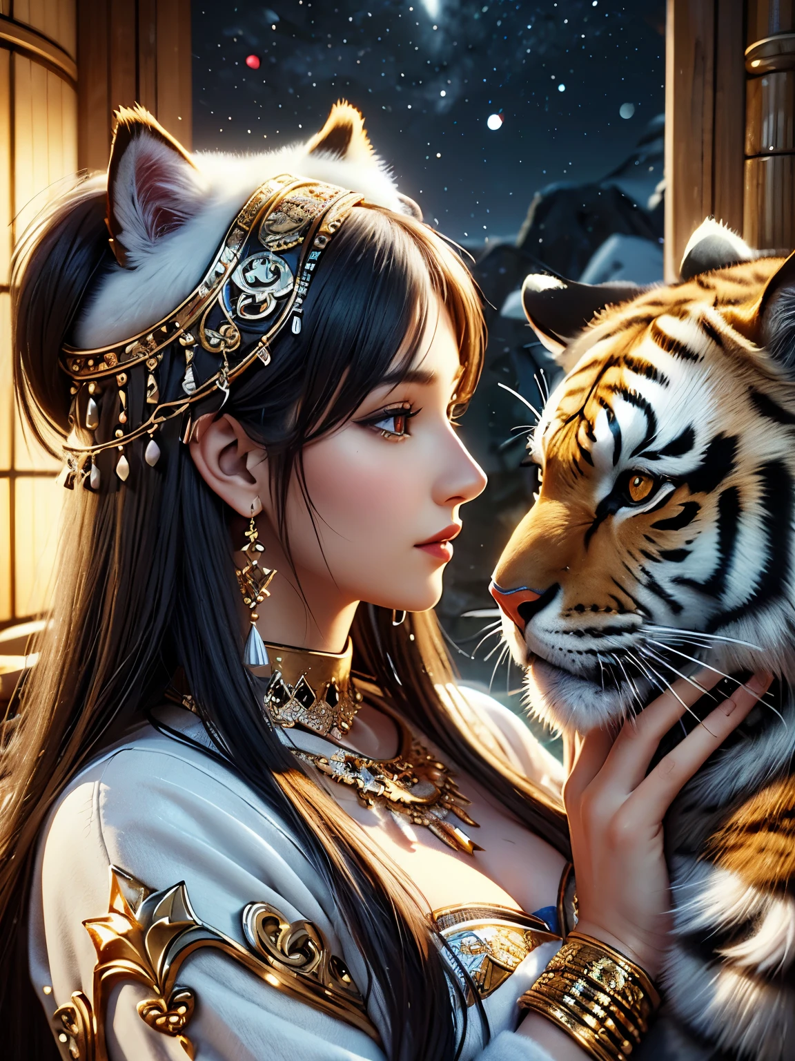 ((best quality)), (detailed), (3D), (headshot), (profile shot), (close up), beautiful middle eastern woman holding a tigers head to hers, HDR, 4K 