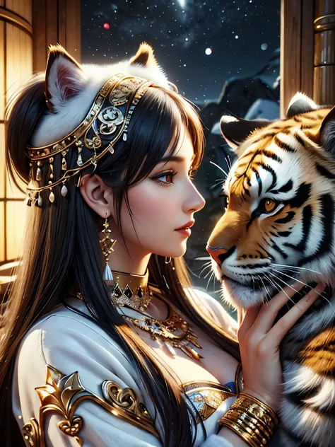 ((best quality)), (detailed), (3D), (headshot), (profile shot), (close up), beautiful middle eastern woman holding a tigers head...