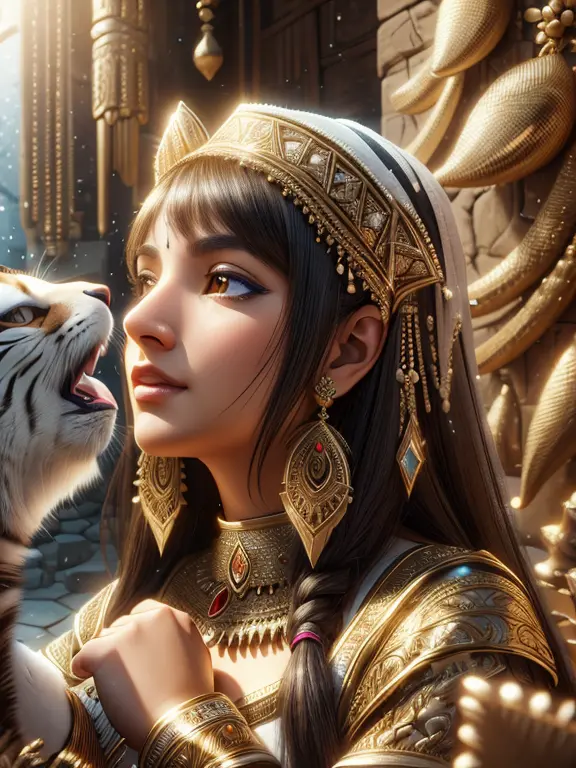 ((best quality)), (detailed), (3D), (headshot), (profile shot), (close up), beautiful middle eastern woman petting a tigers head...