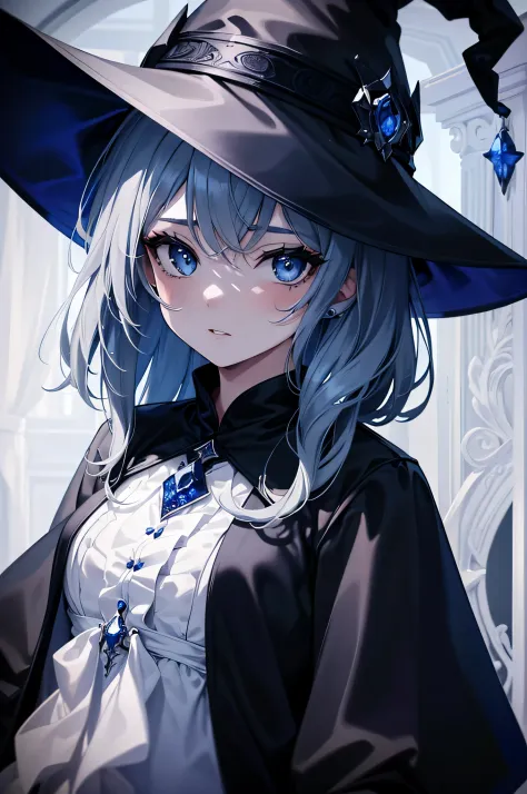 (muste piece, highest quality, ultra high resolution),1 girl,suit, witch hat,, beautiful and detailed face, fine eyes,((gray and...