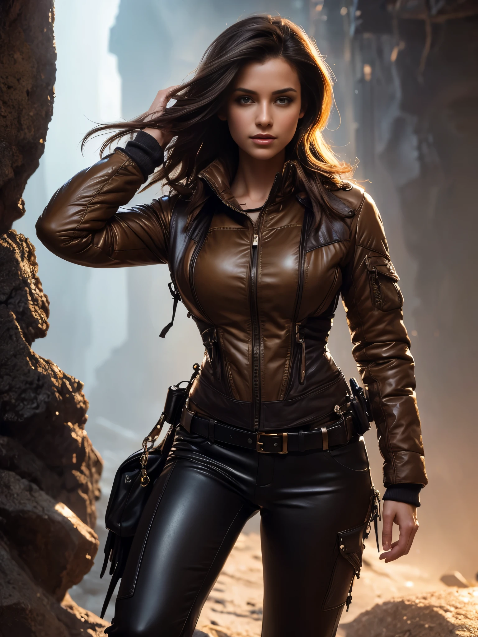 photorealism, full body, a young woman, puffer down jacket & pants, leather, beautiful realistic eyeantastic face, beautiful look, Michael Garmash, Daniel F Gerhartz, Storybook style, warm dreamy lighting, white background, volumetric lighting, pulp adventure style, fluid acrylic, dynamic gradients, vivid color, illustration, highly detailed vector curves, , smooth and clean, vector art, smooth, Johan Grenier, character design, 3d shading, cinematic, ornate patterns, elegant organic framing, hyperrealism, posterized, collection of masterpieces, lush vivid colors, twilight, wet gouache