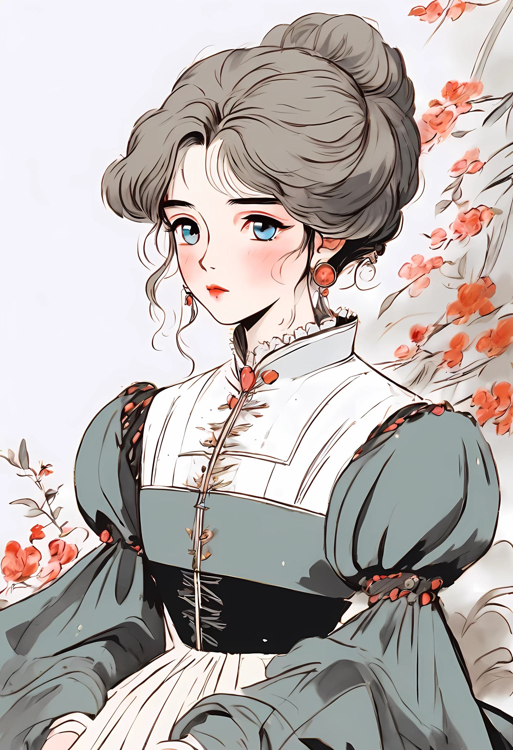 detailed rough drawn portrait of an anime girl wearing a 16th century dress, overcast, cloudy, might rain, darker tones, drawn anime illustration, painted in anime painter studio, anime style illustration, made with anime painter studio, in anime style, in an anime style, with short hair, anime style portrait, sitting in the garden, anime artstyle, clean detailed anime style, proportions proper, 