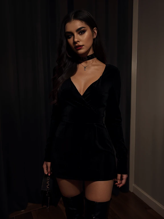 A photo of a girl standing in a dimly lit room, wearing a maxi black velvet dress with a long sleeve, a statement choker necklace, and platform boots. A close-up photo of dark red lipstick, smoky eyeshadow, and dramatic false lashes.