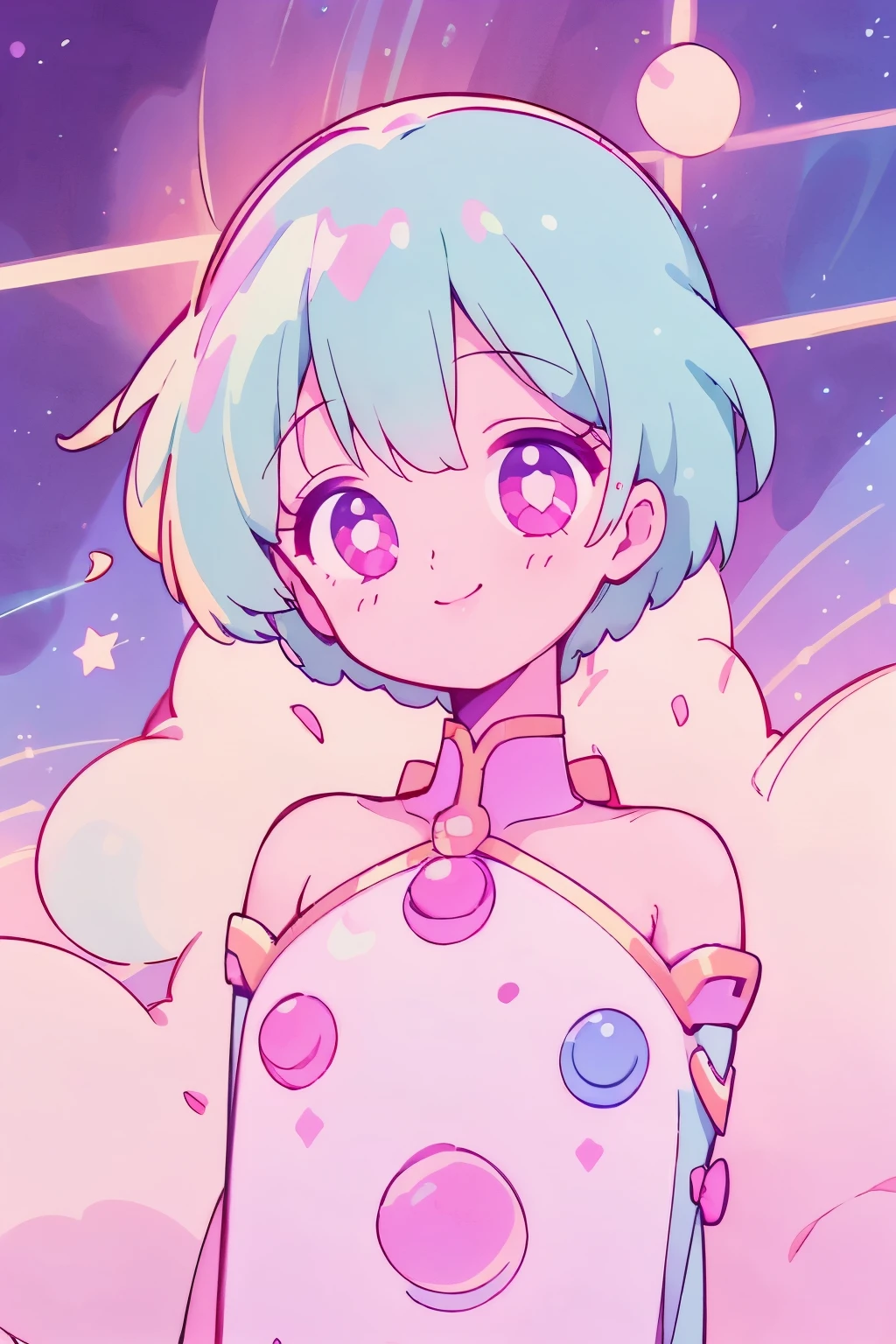 (1Girl),(Pop style,flat colors,star pattern,pastel,sparkling eyes,smiling,Cosmic atmosphere,colored lineart,outline,,Night background, macro shot,pastel night aethestic),((masterpiece))