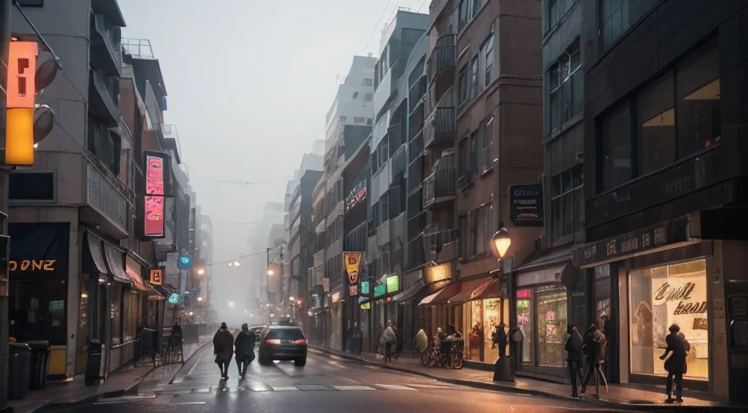 The scene features pedestrians walking down a street in a city at night. The street is illuminated by cinematic lighting, creating a photorealistic streetscape. The scene is inspired by the works of Eglon van der Neer, Chris LaBrooy, and Mads Berg. The street is enveloped in fog, creating a dusk atmosphere. The street signs are glowing, adding to the city street at dusk ambiance. The night is foggy and neon, with a city mist softlight. The scene is a 3D render by Beeple