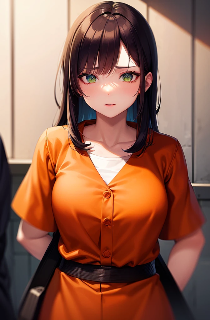 Anime girl in orange uniform with green eyes and a white shirt SeaArt AI