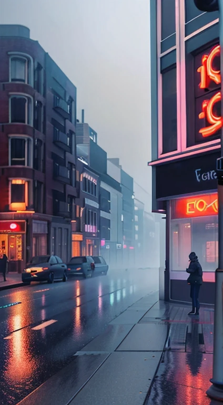 The scene features pedestrians walking down a street in a city at night. The street is illuminated by cinematic lighting, creating a photorealistic streetscape. The scene is inspired by the works of Eglon van der Neer, Chris LaBrooy, and Mads Berg. The street is enveloped in fog, creating a dusk atmosphere. The street signs are glowing, adding to the city street at dusk ambiance. The night is foggy and neon, with a city mist softlight. The scene is a 3D render by Beeple