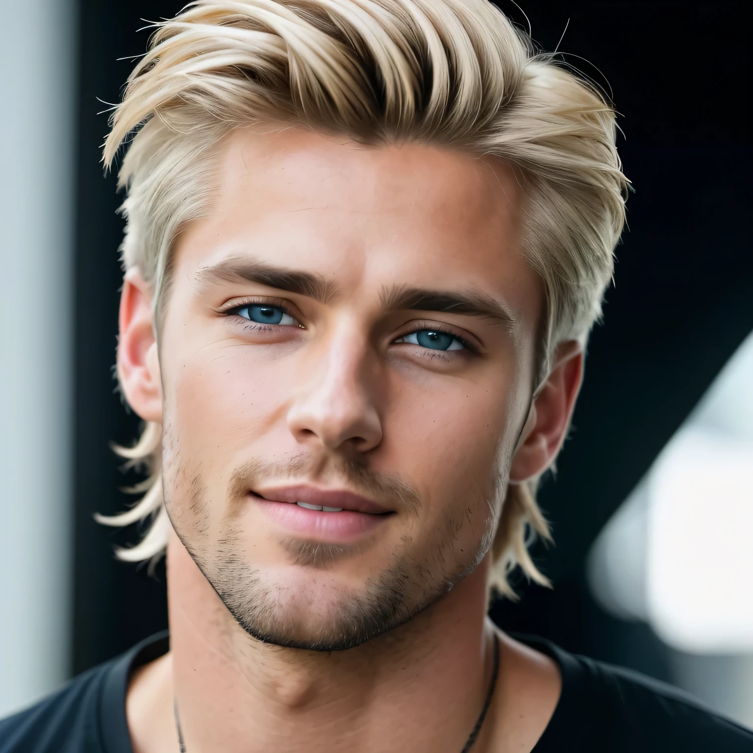 A close up of a man with a blonde hair and a black shirt - SeaArt AI