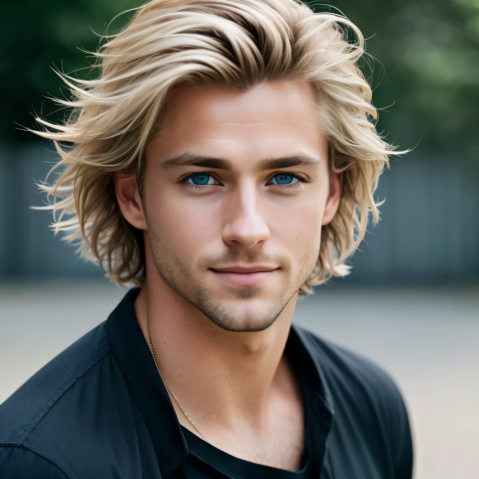 A close up of a man with a long blond hair and blue eyes - SeaArt AI