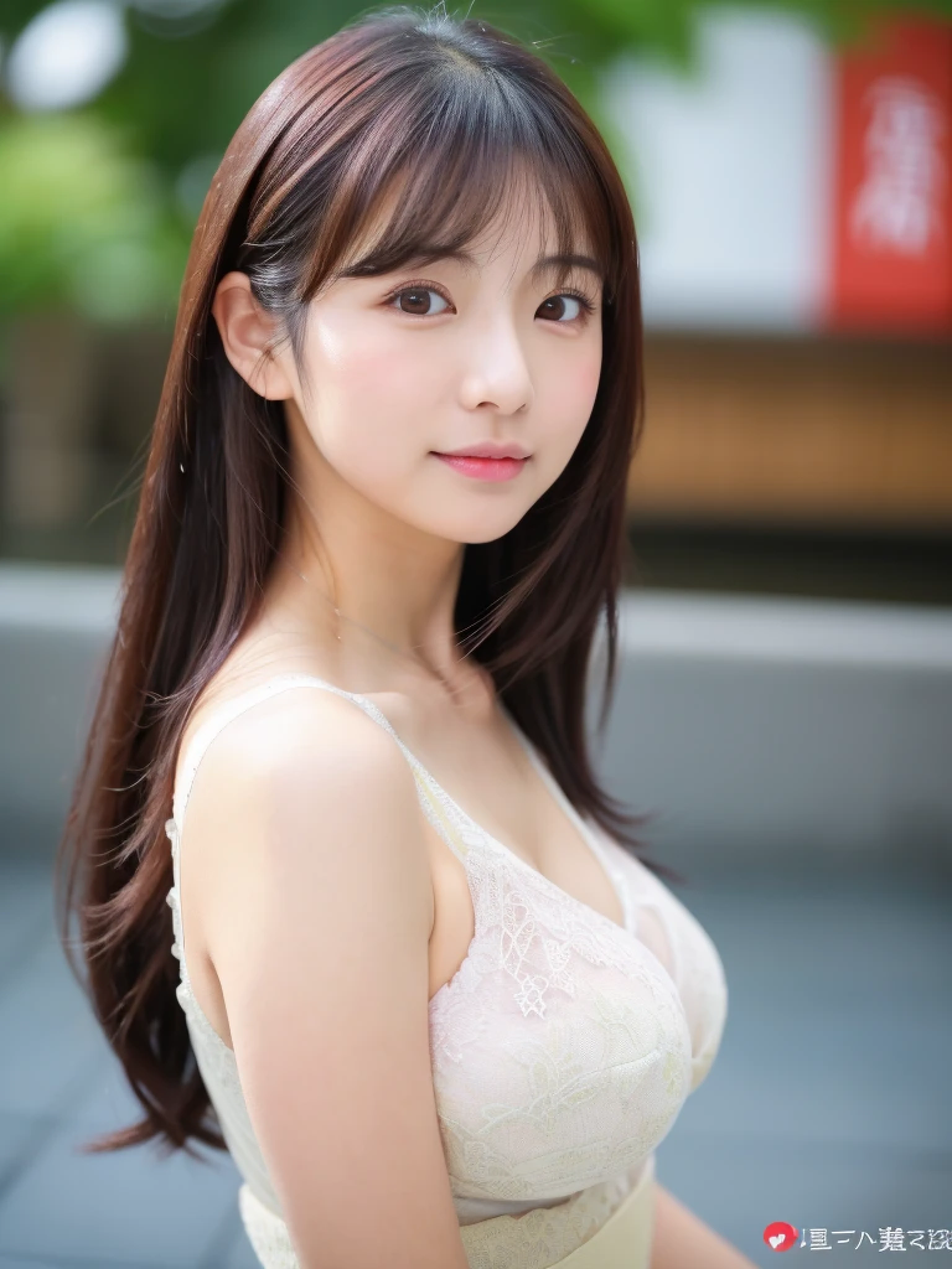 ((cute日本の女の子、beautiful japanese girl、1 girl、clear、19 years old、ponytail、Highly detailed face and skin texture、refinement、super detailed face、highly detailed eyes、Lee Hong、blush、cheek、ピンクのcheekを塗ったcheek、close-up of woman、Breast augmentation、frontを向いている顔、frontを向いている体、look at the camera、front、cute、smooth white skin、Transparent skin texture、))、(dark brown hair、bangs)、beautiful woman with perfect style：1.4、japanese model、young gravure idol、若いcuteグラビアアイドル、Realistic young gravure idol、refinementされたグラビアアイドル、((highest quality、8k、masterpiece:1.3、１photograph))、(4k、生photograph、highest quality)、(realistic、フォトrealistic:1.37)、Place someone on the other side of the screen、Natural light、upper body and head、