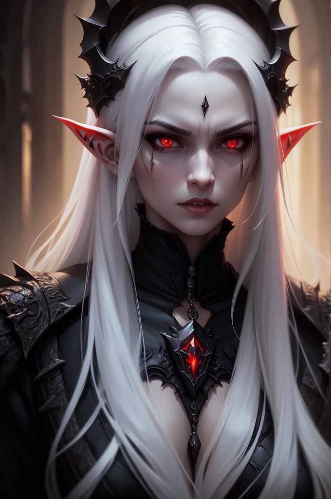 Beautiful vampire elf in demon slayer art, portraite of a. dark fantasy mixed with realism, dark and horror style, detailed 4k horror artwork, eerie and grim art style, dark concept art, highly detailed exquisite fanart, white hair, white eyes,horror concept art, Emily Shanks, inspired by Ryan Barger