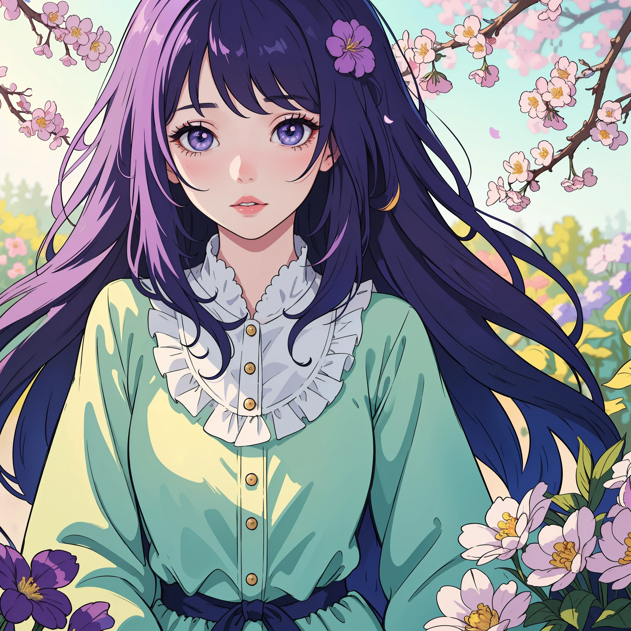 (best quality,8k,highres,masterpiece:1.2),beautiful detailed violet hair girl,detailed eyes and lips,dainty girl in a garden with vibrant flowers,vivid colors,fine art,ultra-detailed,dreamy atmosphere,pastel colors,natural lighting,soft focus,bokeh,subtle breeze,soft sunlight,whimsical,airy,feminine