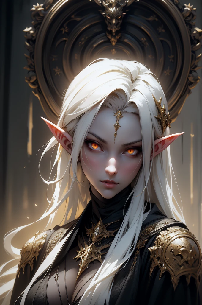 Beautiful vampire elf in demon slayer art, portraite of a. fantasy mixed with realism, white and gold dress style, detailed 4k fantasy artwork, eerie and grim art style, dark concept art, highly detailed exquisite fanart, white hair, white eyes,