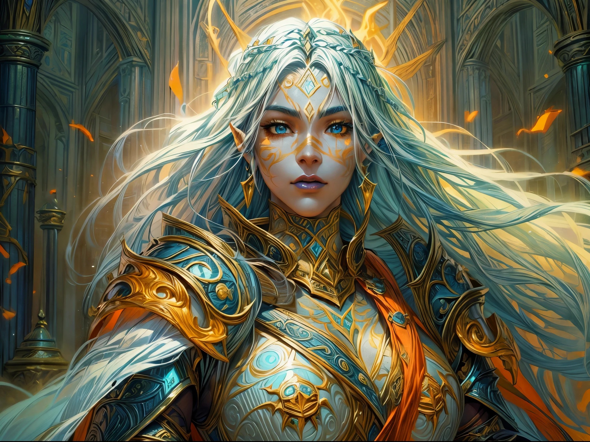 arte de fantasia, arte, Arte RPG, Plano geral, (obra de arte: 1.4) Retrato, detalhes intensos, Altamente detalhado, fotorrealista, melhor qualidade, alta resolução, Retrato a vedalken female (arte de fantasia, obra de arte, melhor qualidade: 1.3) ((blue pele: 1.5)), beleza requintada, (arte de fantasia, obra de arte, melhor qualidade) clérigo, (blue colored pele: 1.5) [1pessoa azul_pele, blue pelened female, (branco hair: 1.3), cabelo longo, olhos verdes intensos, arte de fantasia, obra de arte, melhor qualidade) armado uma espada de fogo fogo vermelho, vestindo pesado (branco: 1.3) armadura de meia placa linda_usando botas de salto alto e cadarços], vestindo um(laranja :1.3) capa, usando símbolo sagrado brilhante GlowingRunes_amarelo, dentro do fundo do templo de fantasia, reflexo da luz, detalhes altos, melhor qualidade, 16k, [ultra detalhado], obra de arte, melhor qualidade, (extremamente detalhado), fechar-se, ultra Plano geral, fotorrealista, CRU, arte de fantasia, arte, arte de fantasia, arte realista,