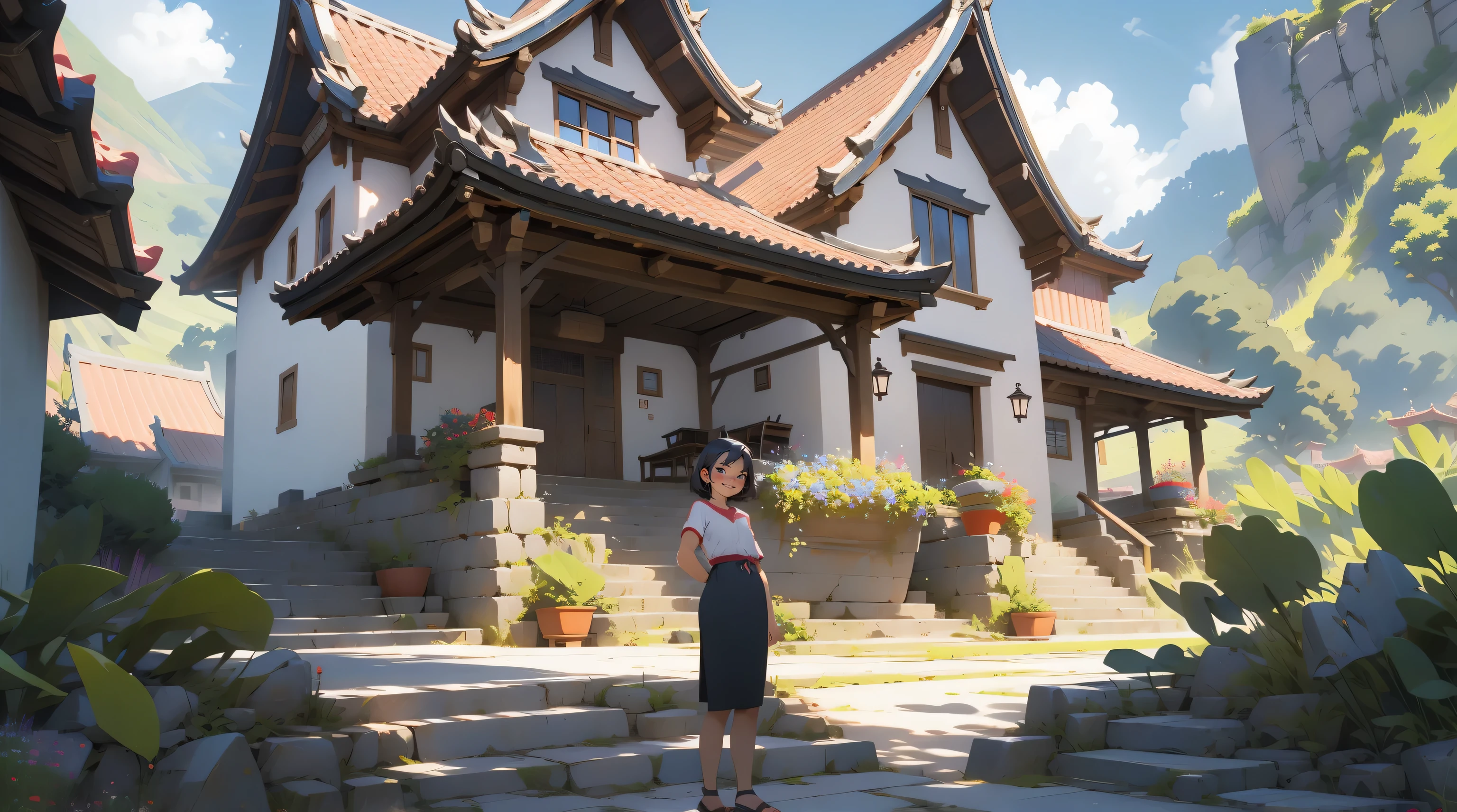 keqingdef, upper body, smile, blush, outdoors, day, simple background, blue sky, short hair, sky, temple, looking at viewer, stairs, mountain, moody lighting, facing viewer,