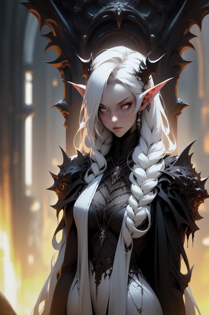 Beautiful vampire elf in demon slayer art,  fantasy mixed with realism, white dress style, detailed 4k fantasy artwork, eerie and grim art style, dark concept art, highly detailed exquisite fanart, white hair, white eyes,