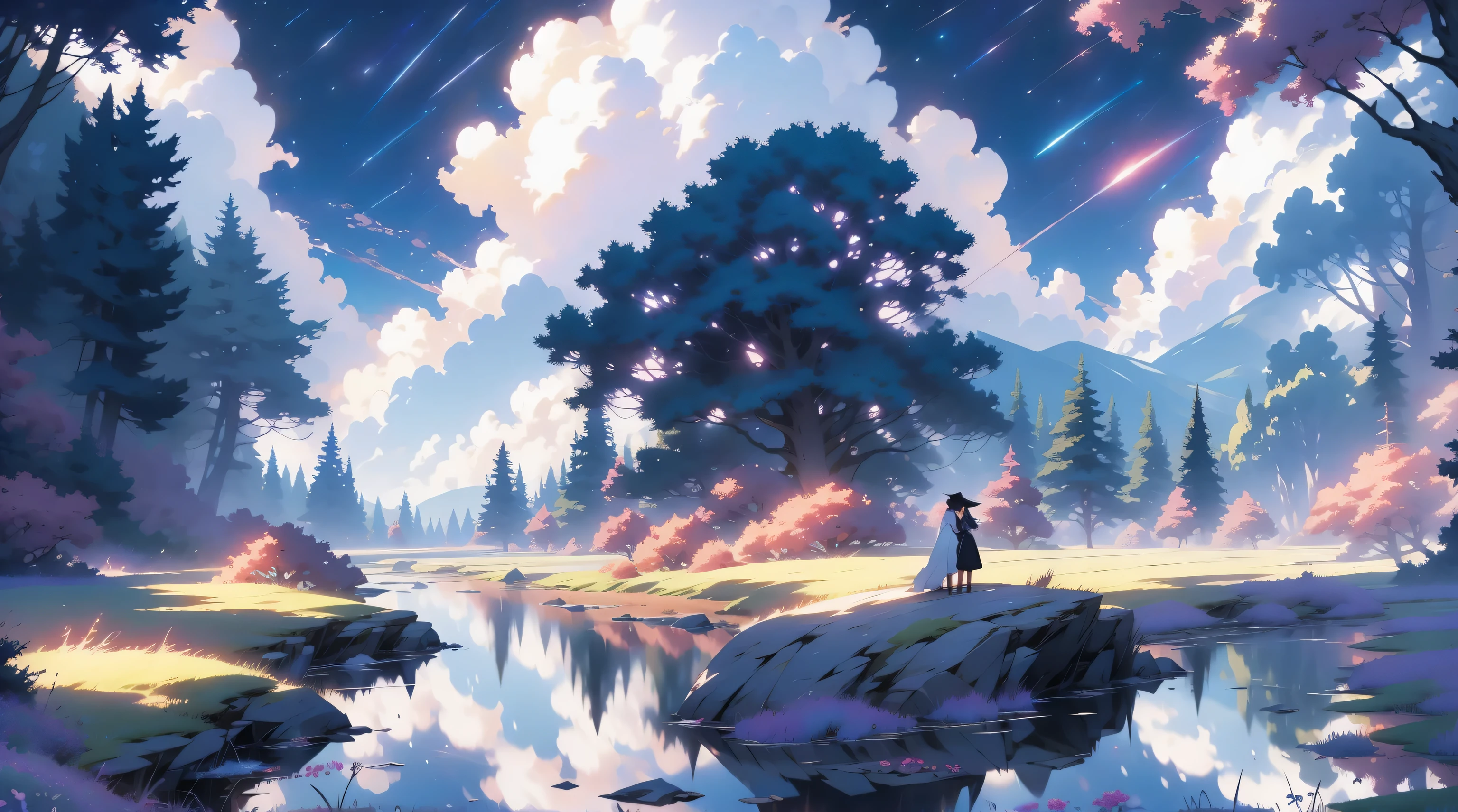 1 girl, eye, close up, beautiful night sky, meteor shower, beyond the clouds, water surrounded, reflections, wide angels, breathtaking clouds, wide angle, by makoto shinkai, thomas kinkade, james gilleard, by holosomnialandscape, hdr, volumetric lighting, ray tracing, an intricate, high details, very detailed, deviantart, 4k vertical wallpaper,, colorful, airy, anime illustration, anime nature wallpaper