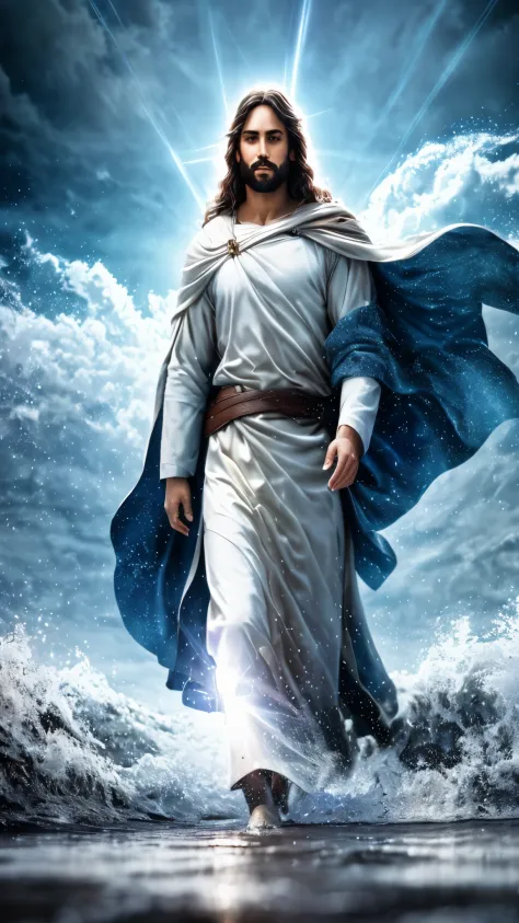 Jesus walking on water in a storm, confident smiling expression, beam of light descending from the sky and illuminating Jesus, o...