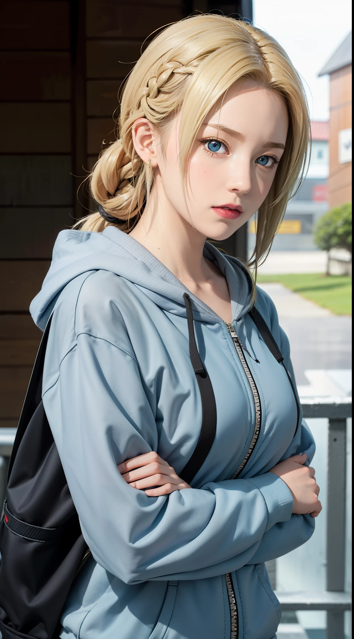 masterpiece, best quality, ultra-detailed, 1girl, upper body, 
long hair, blonde hair, french braid, blue eyes, blunt bangs, 
Wearing Streetwear Hoodie, stylish,
medium breast, cool attitude 
looking at viewer, Tsunade \(shippuden\)