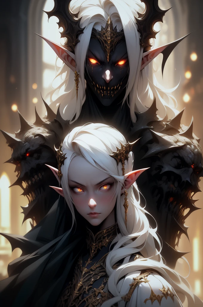 Beautiful vampire elf in demon slayer art,  fantasy mixed with realism, white dress style, gold dress, detailed 4k fantasy artwork, eerie and grim art style, dark concept art, highly detailed exquisite fanart, white hair, white eyes, de costas, olhando para a foto