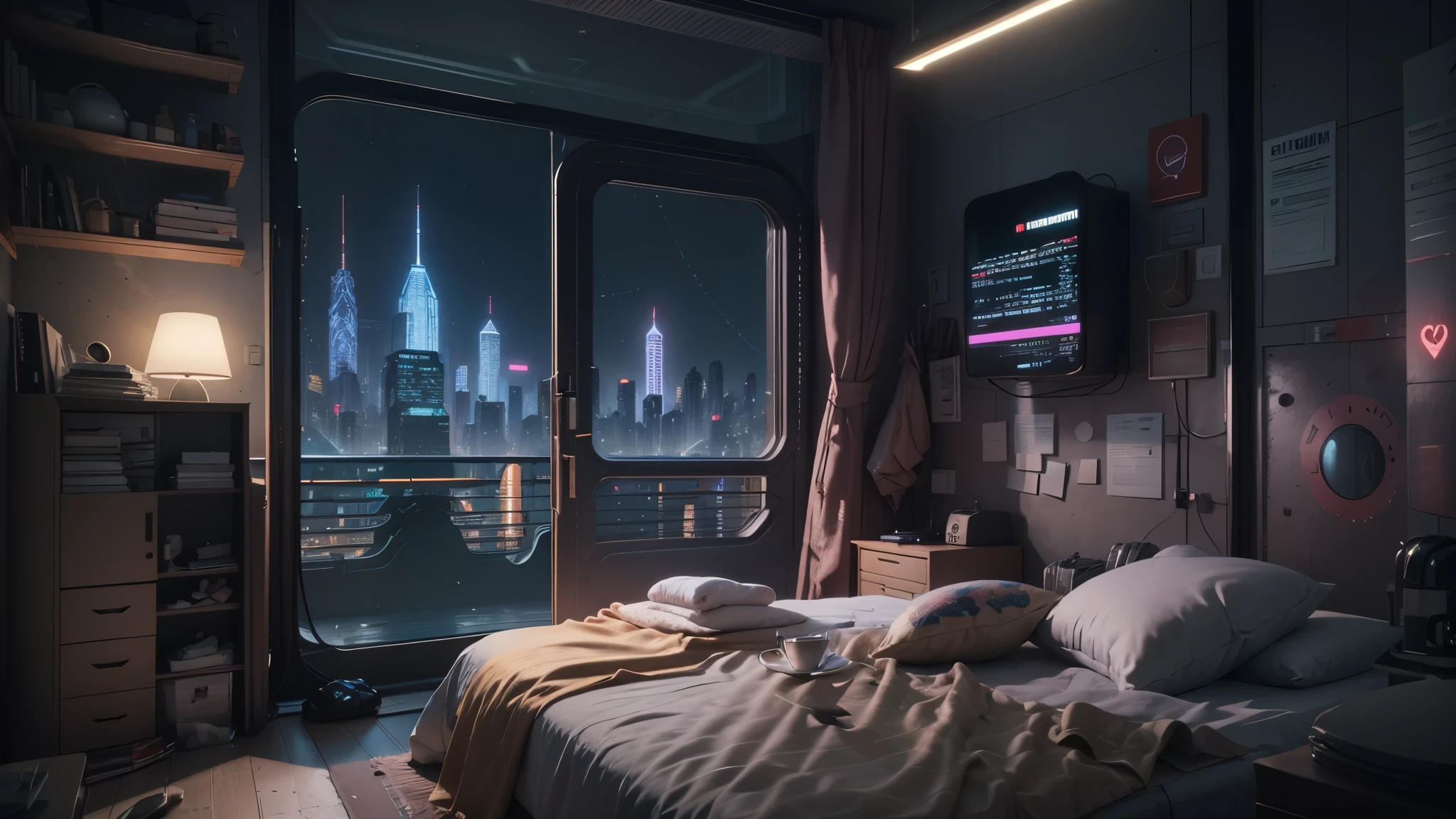 há uma cama com vista para a cidade ao fundo, quarto à noite com influências Tudor e revival, paisagem onírica cyberpunk, quarto bagunçado cyberpunk, quarto cyberpunk steampunk, Bipe de renderização 3D, the apartamento ciberpunk, apartamento ciberpunk, renderização de bipe, arstation e beeple altamente, em uma sala com tema cyberpunk, na cidade de fantasia e ficção científica, Inspirado em Beeple