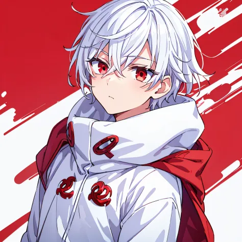 1boy, white hair, red eyes, white and red hoodie, white jeans, handsome, cute, look at viewer from beside, zoom at face