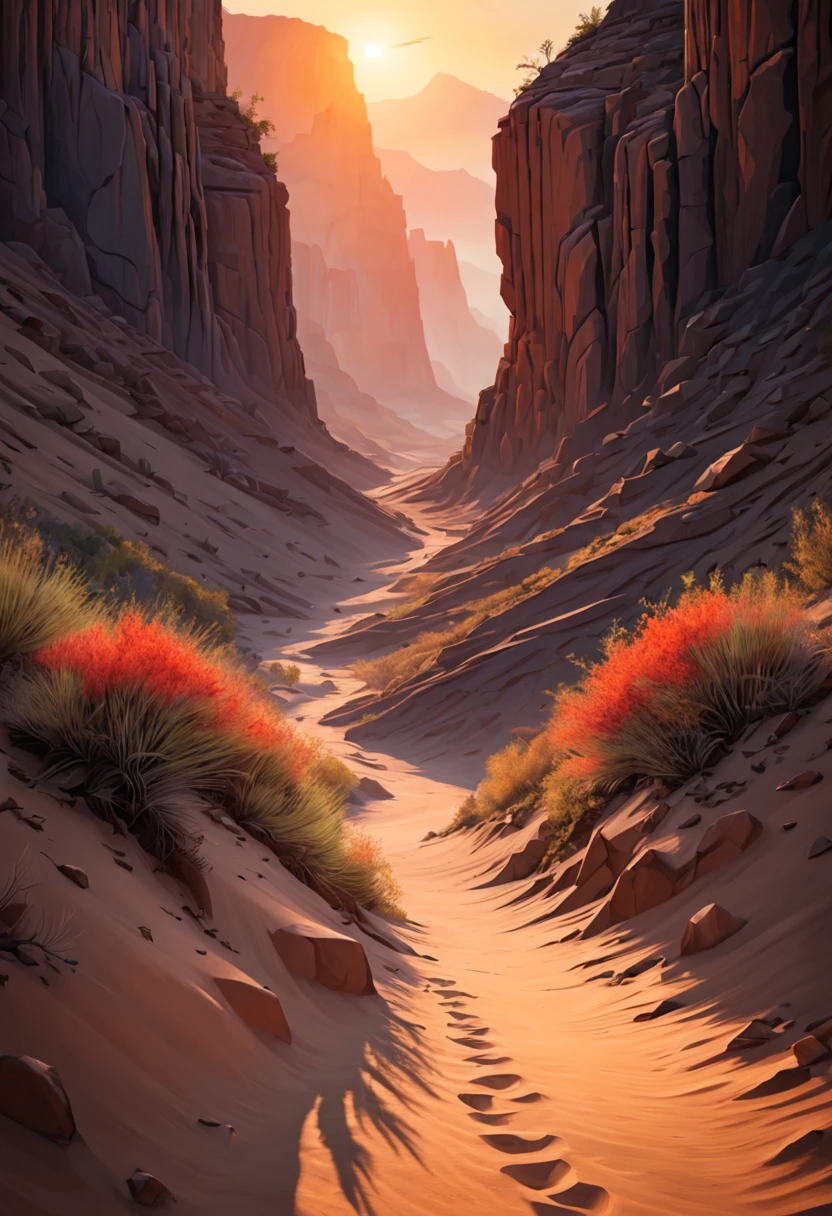 (best quality,4k,8k,highres,masterpiece:1.2),ultra-detailed,realistic:1.37,A stunning view of a desert canyon,landscape,fine-art photography,sunset colors,warm light,rock formations,sand dunes,spacious and vast scene,subtle shadows,contrast of light and darkness,silhouette of a lone cactus,crimson sky,peaceful and serene atmosphere,clear blue sky with wispy clouds,wide-angle perspective that captures the grandeur of the landscape,impressive depth of field that reveals the intricate textures of the rocks and sand,dramatic golden hour lighting that accentuates the rugged beauty of the canyon,harmony between the earthy tones and vibrant hues,layered and intricate details of the canyon walls,mesmerizing play of light and shadows,ethereal and mystical aura,immersive experience that transports the viewer into the heart of nature.