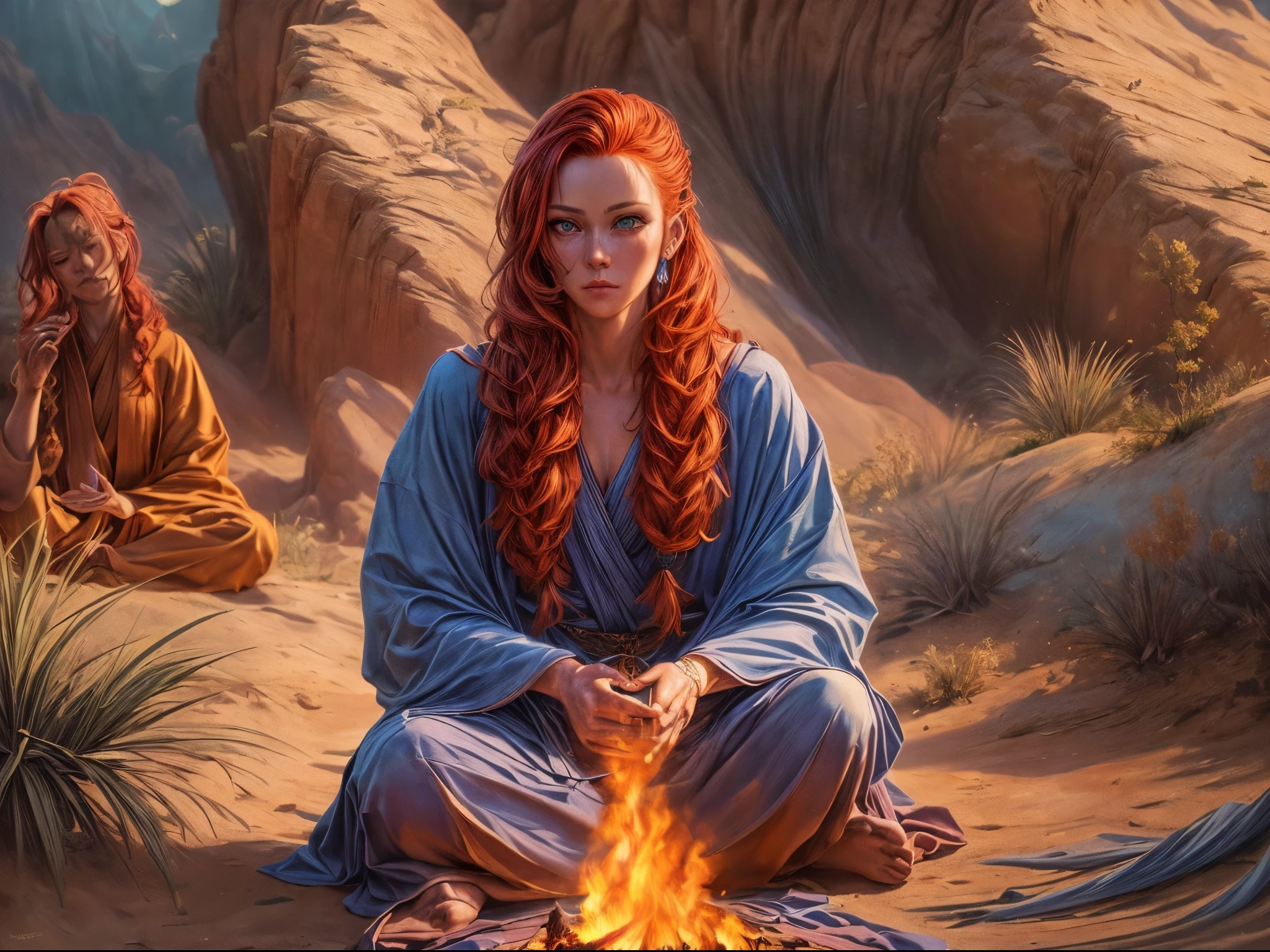 fantasy art, photorealistic, D&D art, larry elmore style, a picture of a female monk sitting cross-legged and meditating in a desert canyon there is a human woman monk wearing monk garbs, meditating near a bonfire blue fire (best details, Masterpiece, best quality :1.5) in a desert canyon (best details, Masterpiece, best quality :1.5), red hair, long hair, full body (best details, Masterpiece, best quality :1.5), ultra detailed face (best details, Masterpiece, best quality :1.5), ultra feminine (best details, Masterpiece, best quality :1.5), exquisite beautiful (best details, Masterpiece, best quality :1.5) red hair, long hair, braided hair, pale skin, blue eyes, intense eyes, ultra best realistic, best details, best quality, 16k, [ultra detailed], masterpiece, best quality, (extremely detailed), ultra wide shot, photorealism, depth of field, hyper realistic painting, 3D rendering