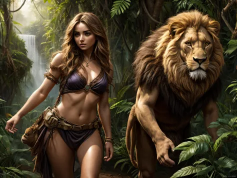 Ana de Armas and lion in the jungle in royo fine art style. Vista completa. Andando