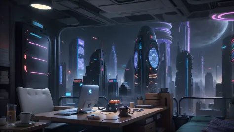 there is a Night Tech Bedroom with a city view in the background, Cyberpunk Calm Night Tech Bedroom Computer Desk at night with ...