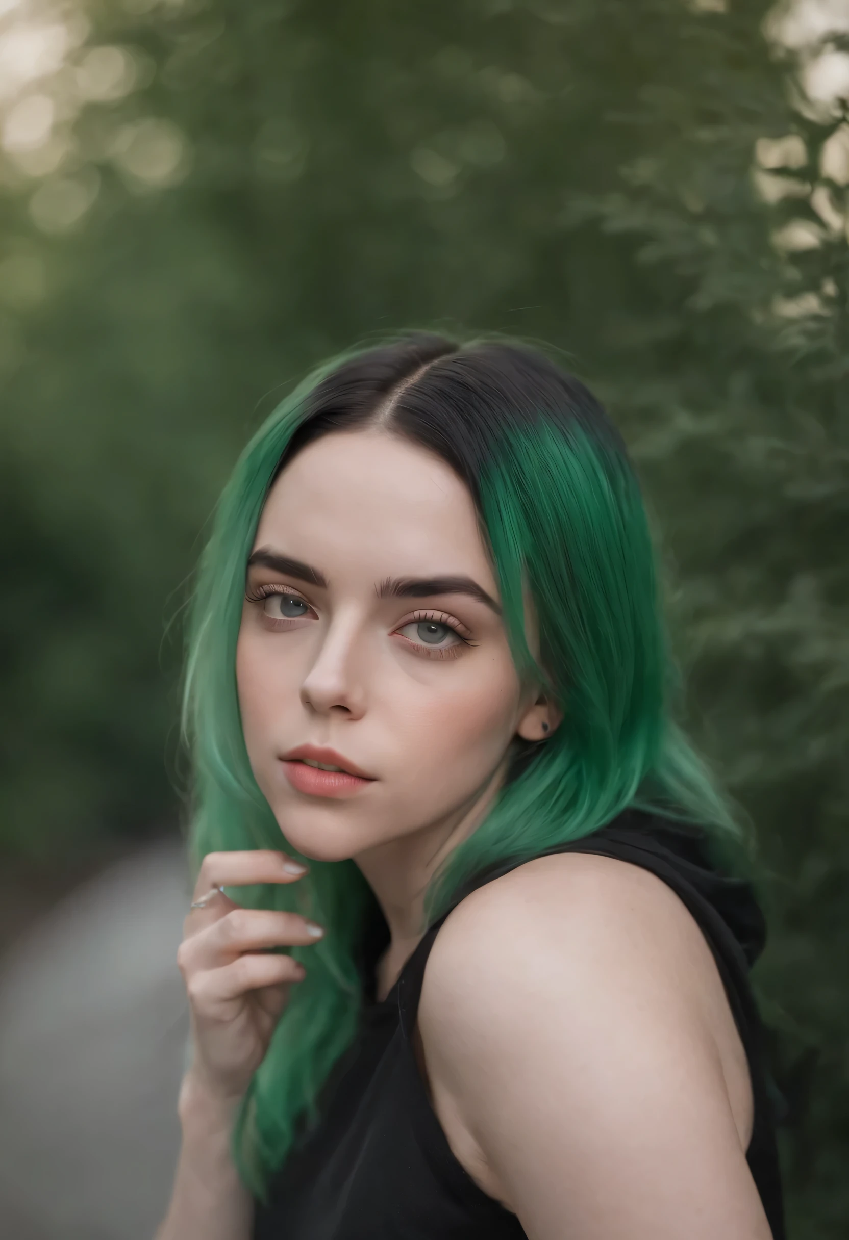 A woman with green hair and black top posing for a picture - SeaArt AI