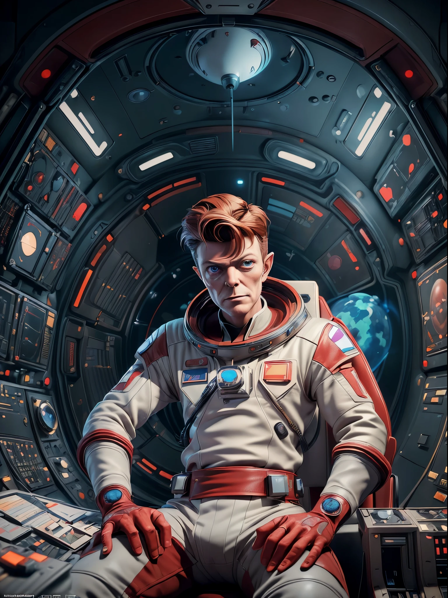 (masterpiece, best quality, illustration, unreal engine 5, official art:1.3), Rich Red color scheme, Don Lawrence hyper realistic picture of (David Bowie) as Major Tom, a technocratic, omnivorous, iridescent, astronaut commander, (sitting in a starbase control room:1.2),detailed face, detailed hair, insanely intricate detail, absurdres, 8k