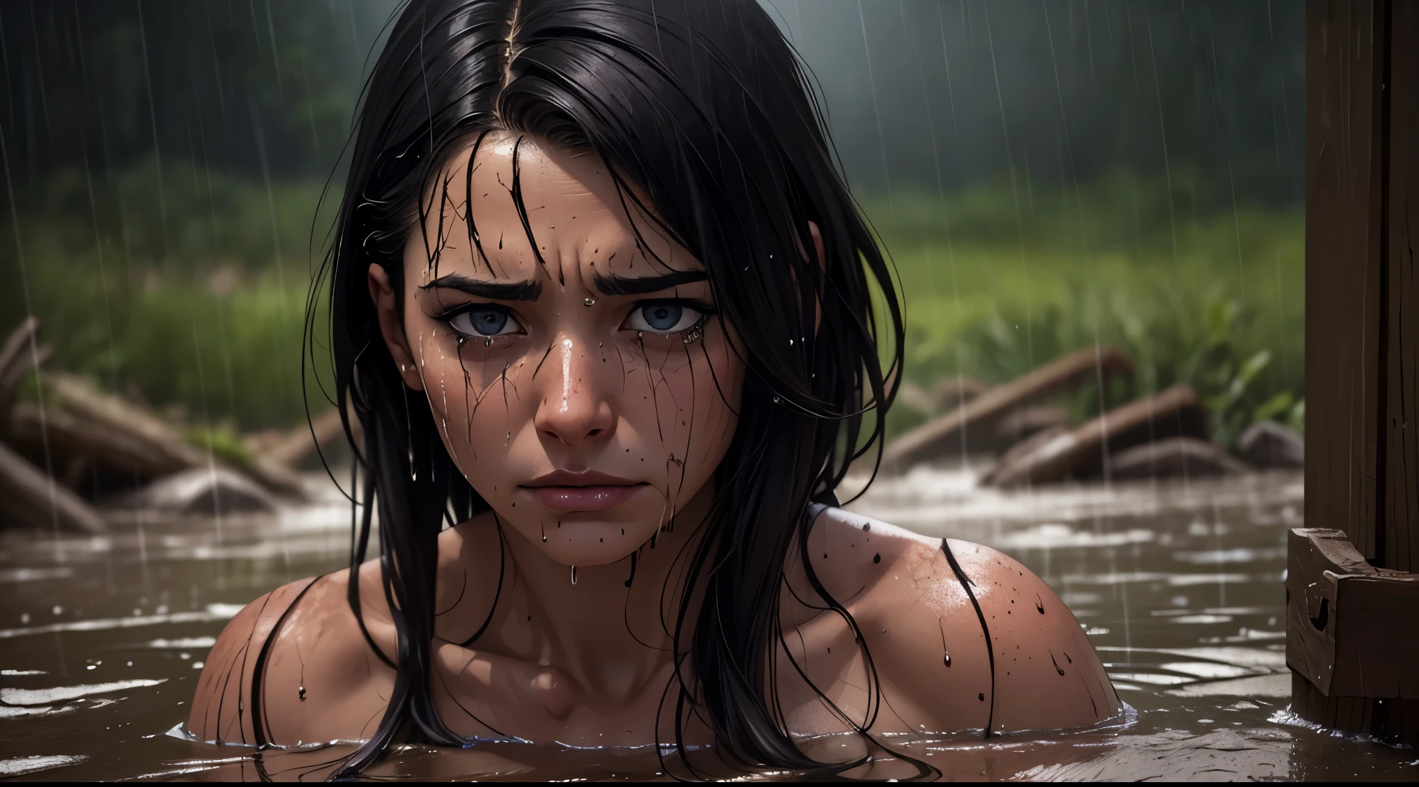 (best quality,ultra-detailed,realistic:1.37),portrait,dark,sadness,extreme emotion,1girl,naked negro slave,girls body covered in mud,naked breasts and vagina covered in mud,detailed facial expression,deep sorrow,muddy environment,detailed tears streaming down her face,suffering,emotional pain,struggling,grimy texture of mud,hopelessness,rainy atmosphere,subtle lighting,subdued colors,distressed facial features,submissive attitude,dirt-streaked body,drenched hair,anguish,dark shadows,unbearable sadness,loneliness,heavy downpour,muddy ground.
